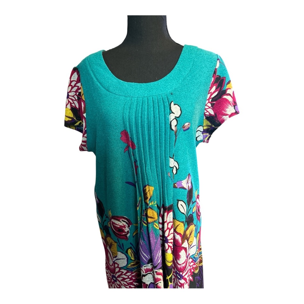 Funky People Women Floral Teal Short Sleeve Dress Size Extra Large - Picture 2 of 2